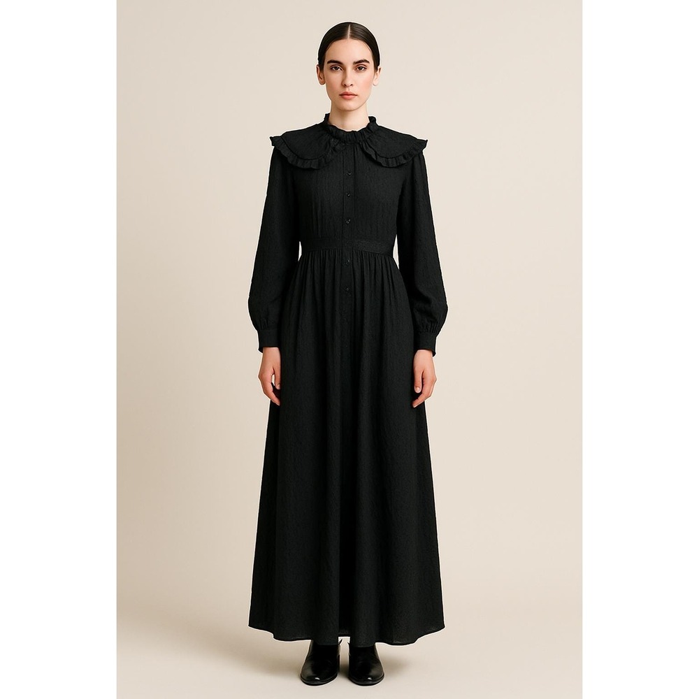 Swiss Dot Maxi Dress Ruffle Collar Long Sleeve Cottagecore Prairie Womens Small‎
